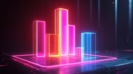 Dynamic neon bar graph on a high-tech platform, vibrant colors illuminate data trends, modern digital aesthetics enhance visual impact
