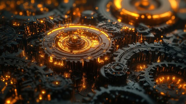 Glowing Gears in Motion, an intricate digital visualization of interconnected gears radiating light for harmonious functionality