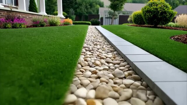 A landscaped yard featuring a pathway with pebbles and grass, bordered by a concrete slab and plants.