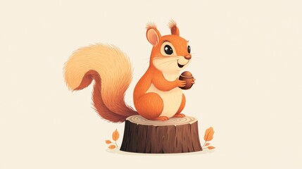 57.A playful cartoon squirrel sitting comfortably on a tree stump, its bushy tail curling upwards, holding an acorn with a joyful expression, set against a light background.