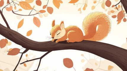 23.A playful vector squirrel resting on a tree branch, with warm brown tones and minimal leaf details, creating a simple yet engaging composition.