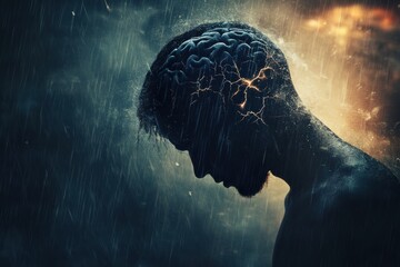 Broken Brain. A Depiction of Depression, Sadness, and Helplessness in a Heavy Rainstorm