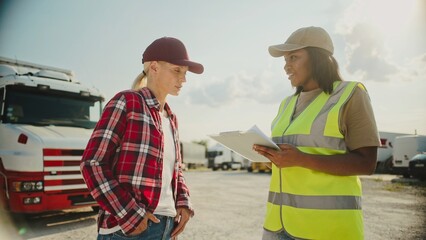 Positive female truck driver listening to colleague asking questions. Going through vehicle inspection. Lorry in background waiting for service. Fixing possible issues before continuing driving.