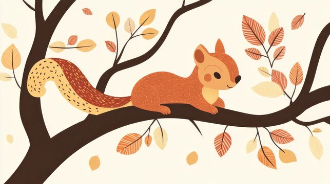 23.A playful vector squirrel resting on a tree branch, with warm brown tones and minimal leaf details, creating a simple yet engaging composition.