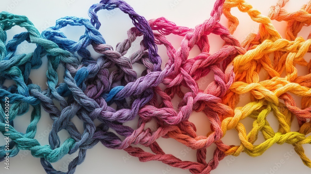 Poster colorful yarn flowchart, intricate design showcasing interconnected ideas, vibrant threads weaving t