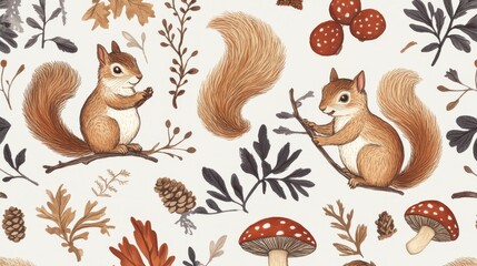 Obraz premium 98.A repeat design showcasing animated squirrels in various poses, surrounded by woodland elements like twigs, pinecones, and mushrooms, creating a soft and natural texture for baby fabrics.