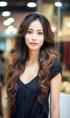 Obraz premium Young beautiful woman with shiny hair standing at salon