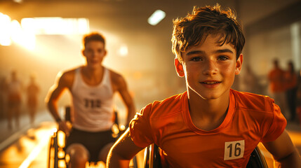 Young boy in wheelchair competing in an inclusive sports race at sunset