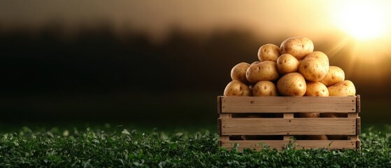 A wooden crate filled with potatoes sits on a grassy field, with a warm sunset in the background.