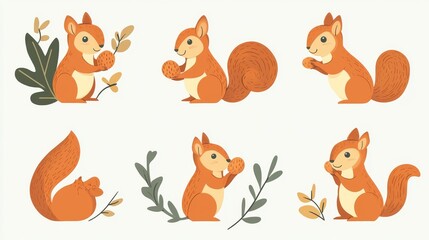53.A set of six flat-style squirrel cartoon illustrations, each showcasing a unique theme like climbing, eating, and playing, paired with nature-inspired details like leaves and nuts.