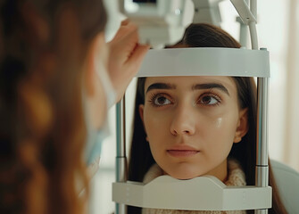 A woman is getting her eyes checked by a doctor