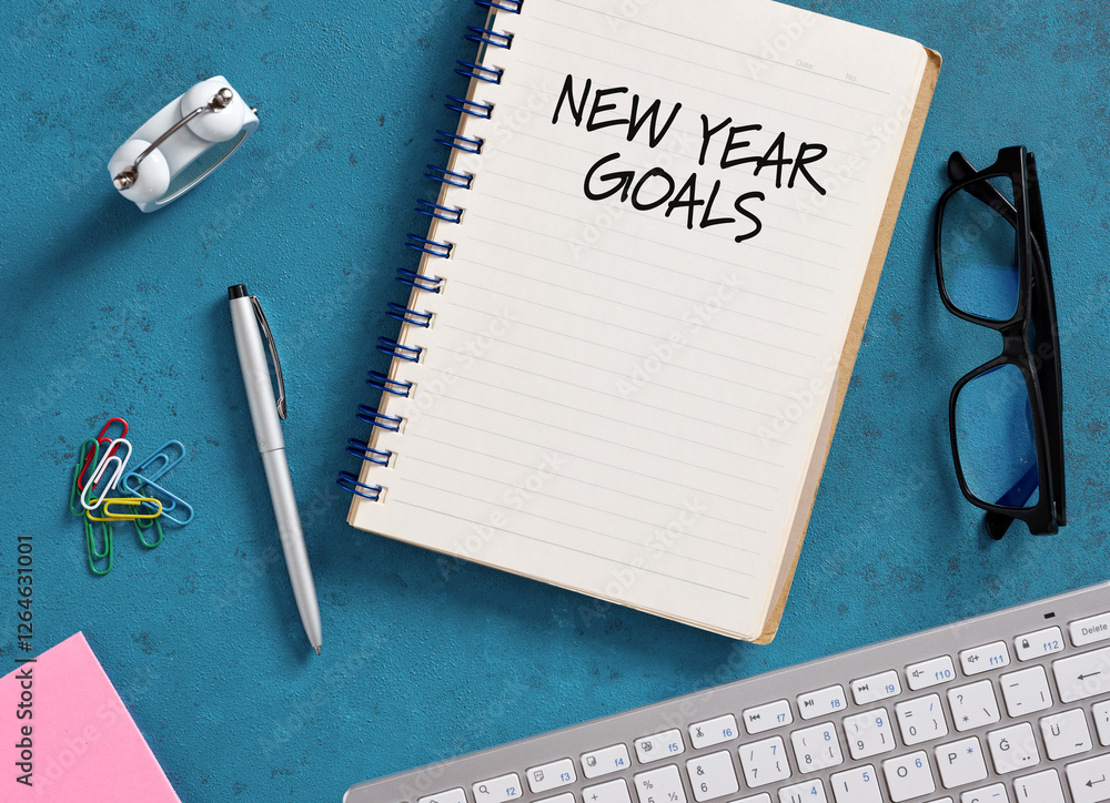 Poster notebook showing new year goals, office desk with keyboard and supplies