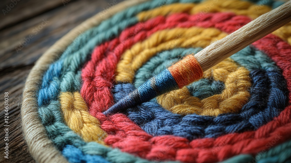 Poster woven arrow impact on yarn target, a colorful display of craftsmanship and creativity, showcasing th