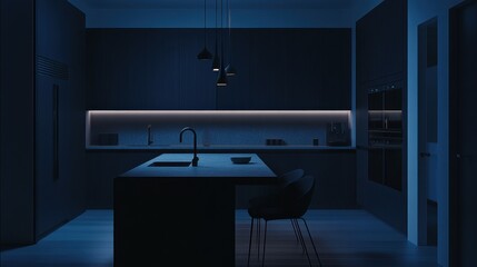 Cabinetry Design: Modern Kitchen with Dark Cabinets, Quartz Countertop, Blue Walls, and Industrial Pendant Lights