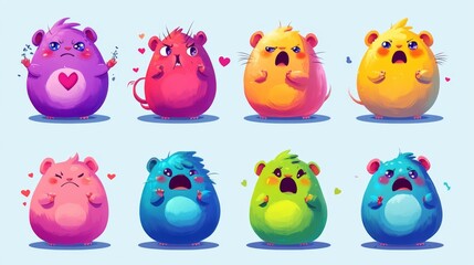Naklejka premium 65.A vibrant set of hamster sticker illustrations, each expressing emotions such as love with heart eyes, anger with a frown, and happiness with wide open arms, perfect for playful and expressive