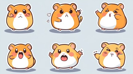 Obraz premium 65.A vibrant set of hamster sticker illustrations, each expressing emotions such as love with heart eyes, anger with a frown, and happiness with wide open arms, perfect for playful and expressive