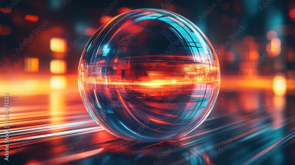 Poster abstract transparent glass orb with dynamic lines on a metallic background, 3d rendering illustratio