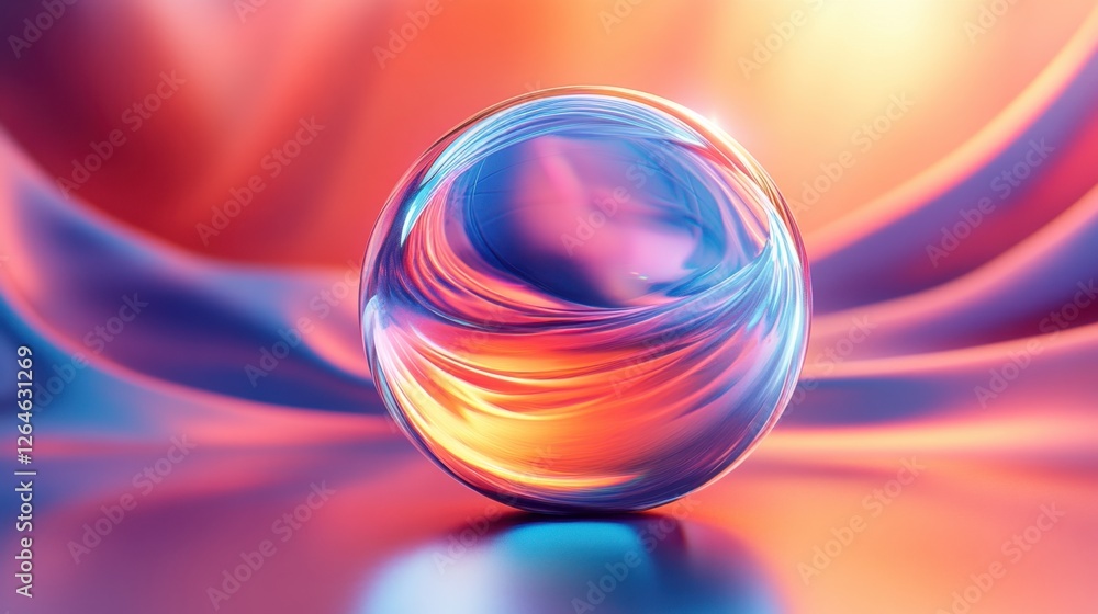 Poster abstract transparent glass sphere with radiant lines on a gradient background, 3d rendering illustra