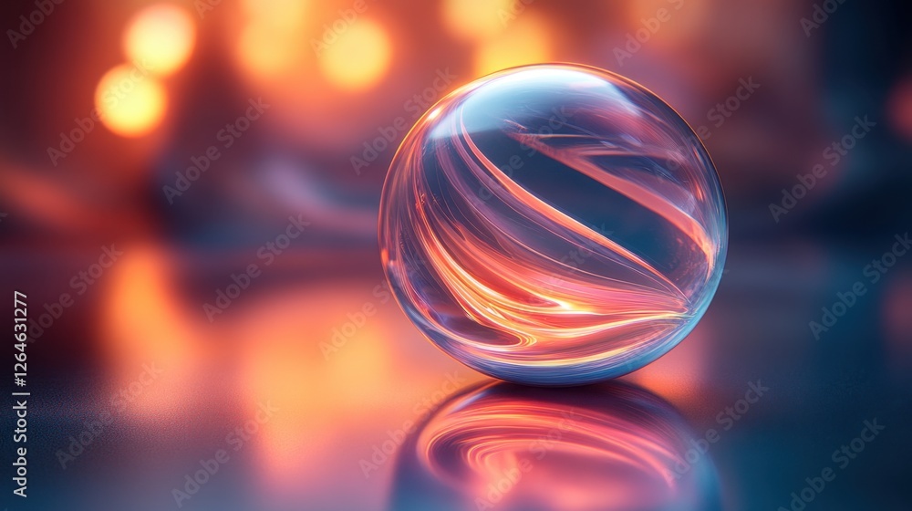 Poster abstract transparent glass sphere with radiant lines on a gradient background, 3d rendering illustra