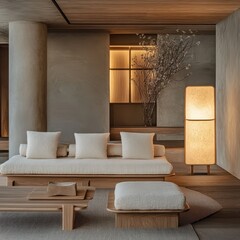 Serene living room with minimalist furniture and soft lighting