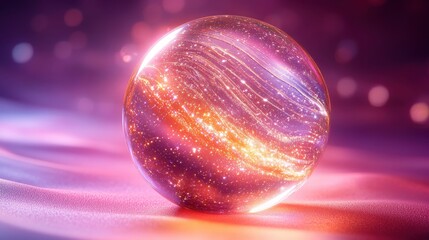 Abstract transparent glass celestial sphere with moonlit silver and goldenrod lines on a deep plum background, 3D rendering illustration of futuristic abstract shape
