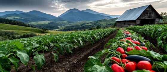 A small wooden barn sits in a field of red and black peppers, with a mountain range in the background.