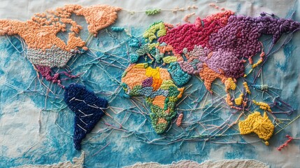 Global Business Connections, a vibrant map showcasing international hubs linked by colorful threads, symbolizing global commerce and collaboration