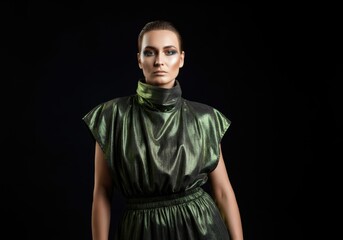 Elegant model in metallic green dress against black
