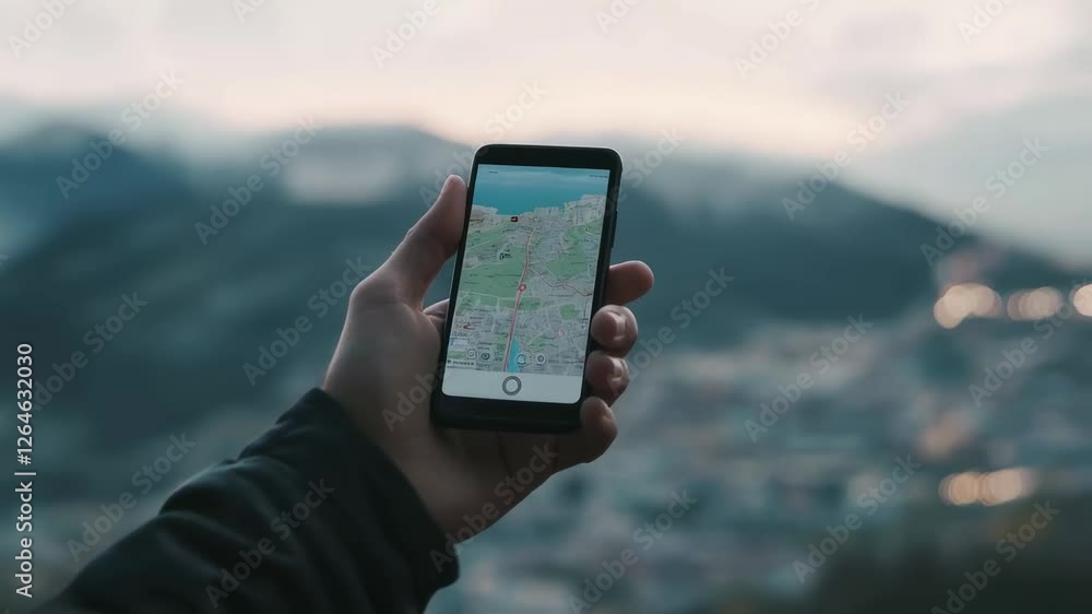 Leinwandbilder person holds smartphone displaying online map with city and mountains in background, providing navig