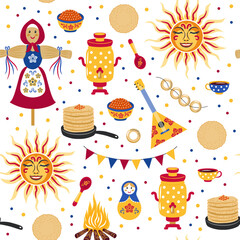 Russian Masnenitsa or Shrovetide. Set of vector design elements - slavic sun, pancakes, scarecrow, samovar, matryoshka. Colorful seamless pattern for print on wrapping paper, textile.