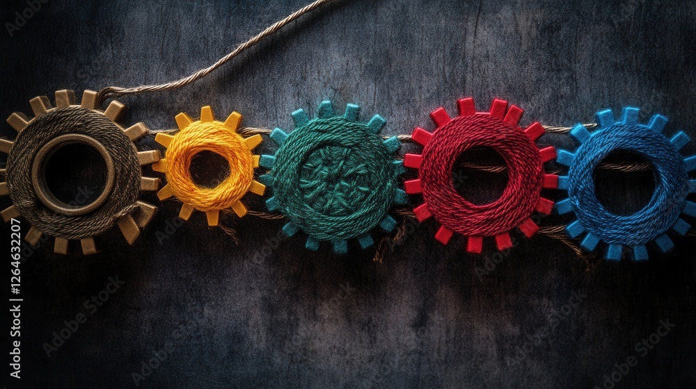 Poster interwoven collaboration, a conceptual representation of teamwork through threads and gears symboliz