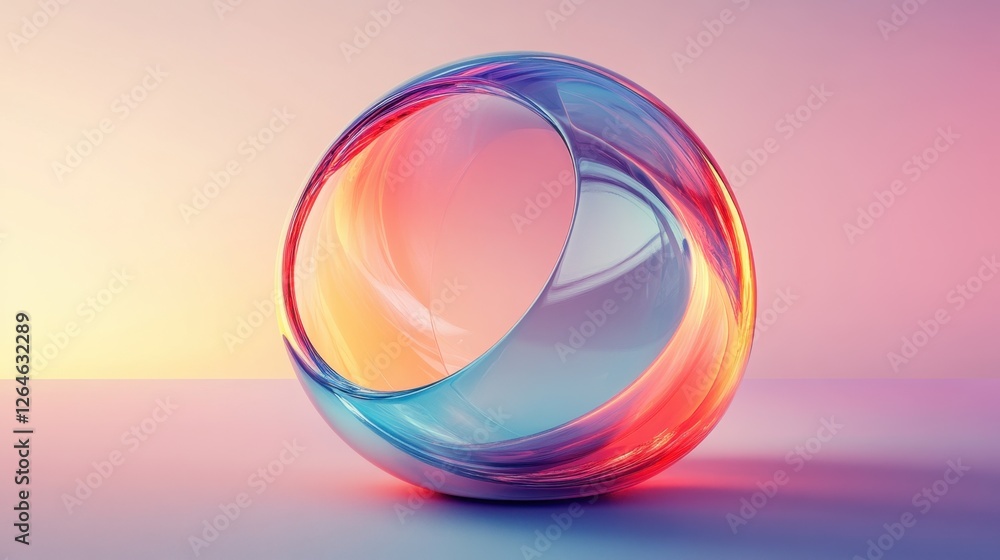 Poster abstract transparent glass ellipsoid with ruby red and sapphire blue lines on a soft lavender backgr