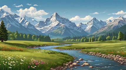 Fototapeta premium landscape vector illustration of mountains, forests, fields and meadows background