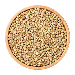 Organic buckwheat seed in wooden bowl, Food ingredient, Top view	