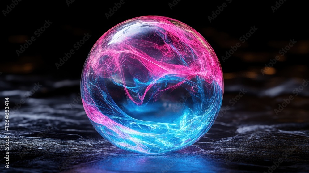 Poster abstract transparent glass orb with cyan and magenta lines on a deep black background, 3d rendering 