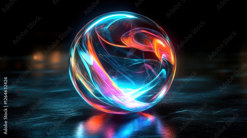 Poster abstract transparent glass orb with cyan and magenta lines on a deep black background, 3d rendering 