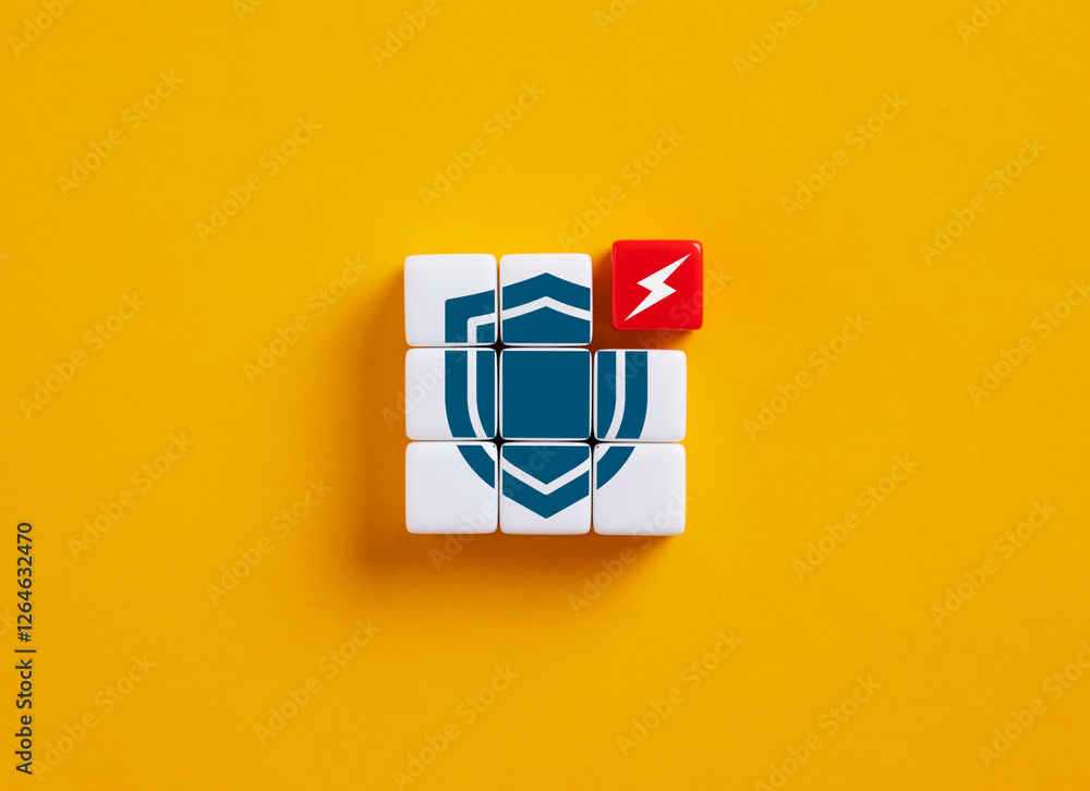 Poster lightning bolt attacking shield symbol formed with toy cubes