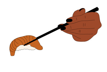 Black female hand holding chopstick with sushi. Asian food design element. Flat colorful vector illustration isolated on white background