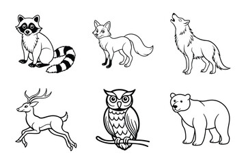 Forest Wildlife Line Art Bundle (Raccoon, Fox, Wolf, Deer, Owl, and Bear)
