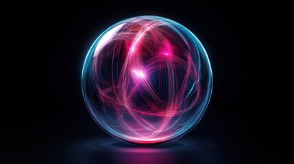 Abstract transparent glass orb with cyan and magenta lines on a deep black background, 3D rendering illustration