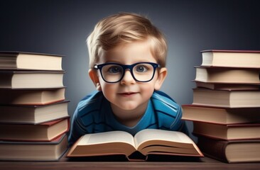 забавный мальчик в очках среди книг. Подготовка к школе