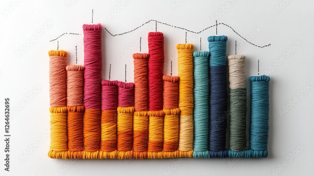 Poster textured yarn financial bar chart with stitched labels, creative representation of data in a unique 