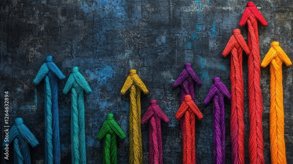 Poster textured business chart featuring arrows intricately crafted from vibrant yarn threads, showcasing d