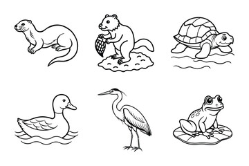 Wetlands Animals Line Art Bundle (Otter, Beaver, Turtle, Duck, Heron, and Frog)