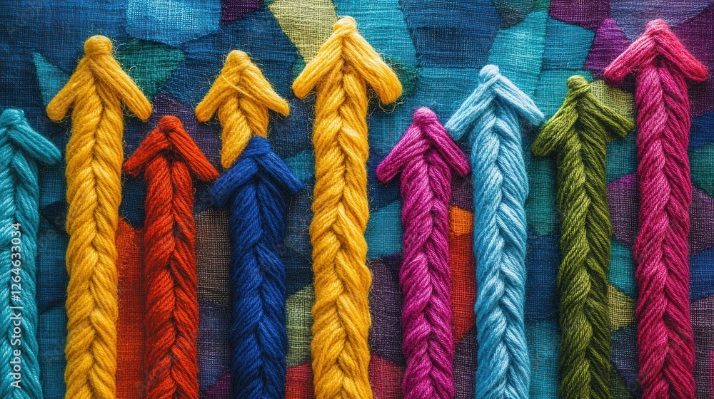 Poster textured business chart featuring colorful yarn threads interwoven with arrows, representing dynamic