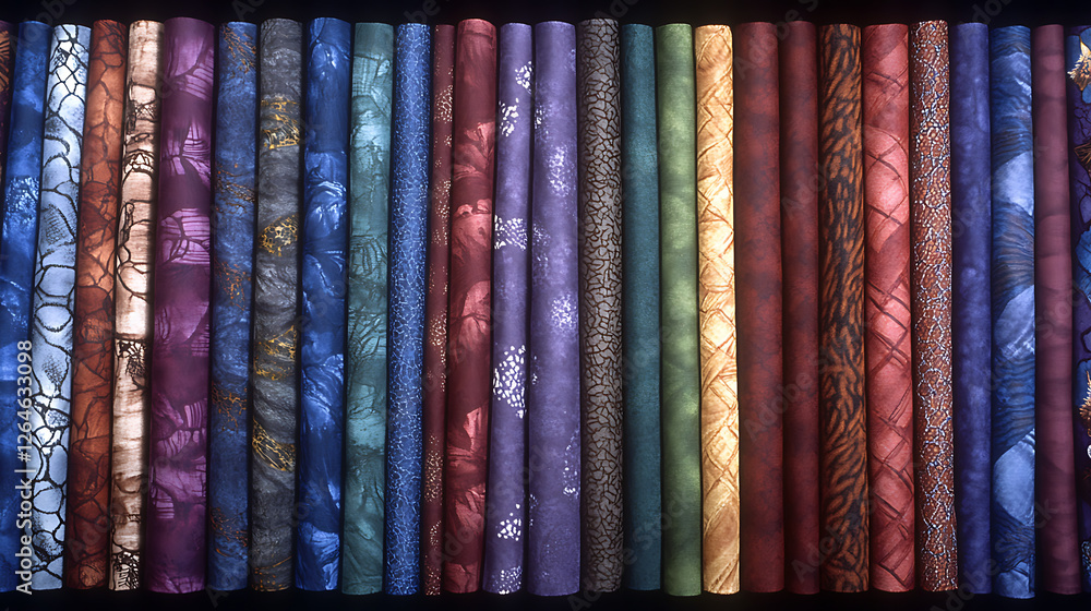 Poster variety of rolled fabrics with textured and patterned designs arrayed vertically in a decorative row