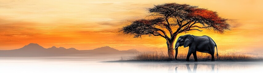 Obraz premium International Day for Biological Diversity, Majestic Elephant Under Colorful Sunset near Silhouette Tree and Beautiful Landscape View