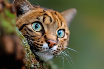 Wild cat gazes curiously from behind a tree in lush forest surroundings during daylight hours