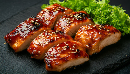 Teriyaki chicken pieces with sesame and greens on black background close up. Asian style meal - roasted chicken fillet with teriyaki sauce