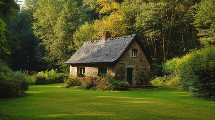 Rustic Stone Cottage in a Serene Forest Setting